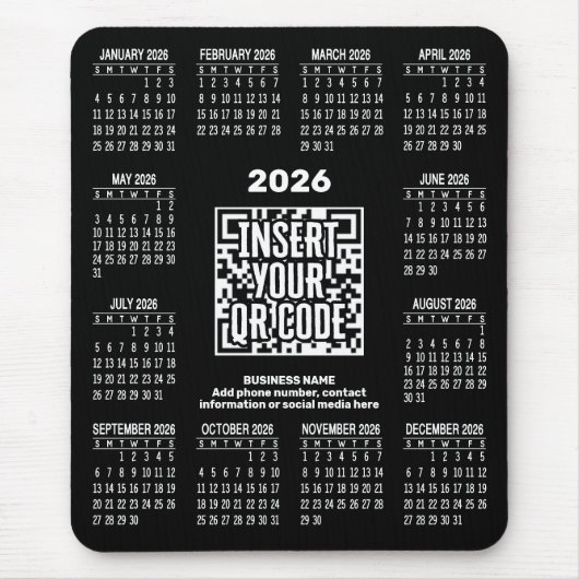 Tapis De Souris 2026 Calendar with QR Code Contact Info Black (Devant)