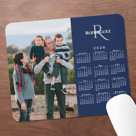 Tapis De Souris 2026 Calendrier Personnalisé Photo Monogramme Nom