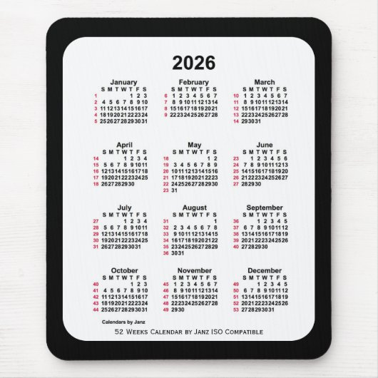 Tapis De Souris 2026 Noir 52 semaines Calendrier ISO par Janz Two  (Devant)