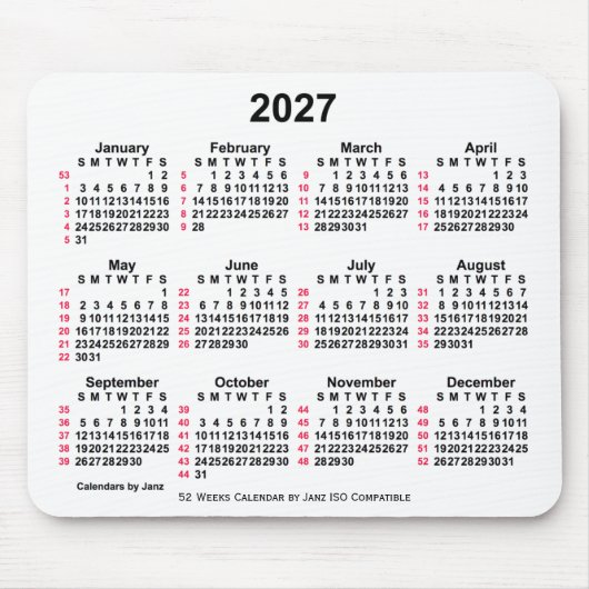 Tapis De Souris 2027 Blanc 52 semaines Calendrier ISO par Janz (Devant)