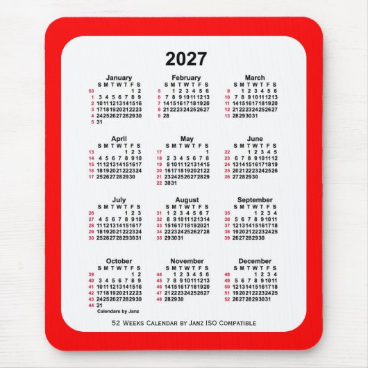 Tapis De Souris 2027 Rouge 52 semaines Calendrier ISO par Janz Two (Devant)