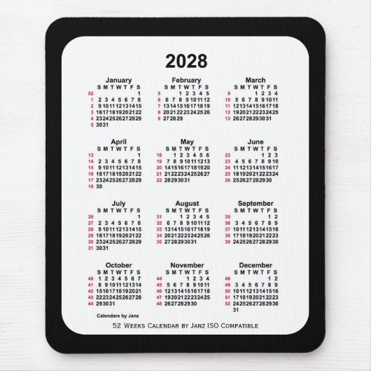 Tapis De Souris 2028 Noir 52 semaines Calendrier ISO par Janz Two  (Devant)