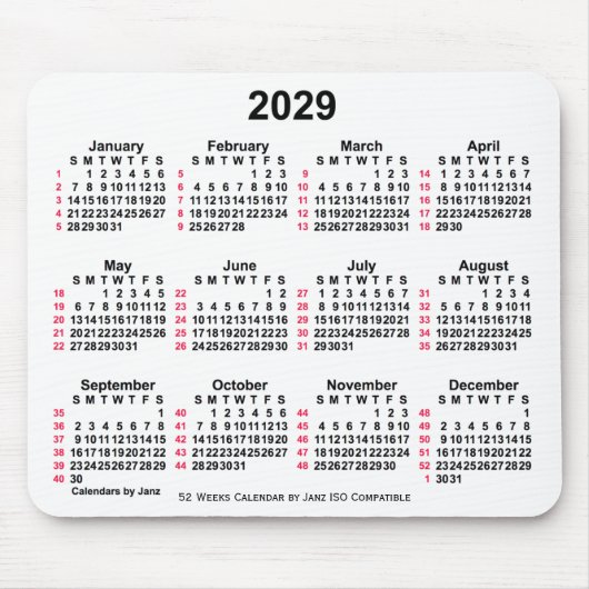 Tapis De Souris 2029 Blanc 52 semaines Calendrier ISO par Janz (Devant)