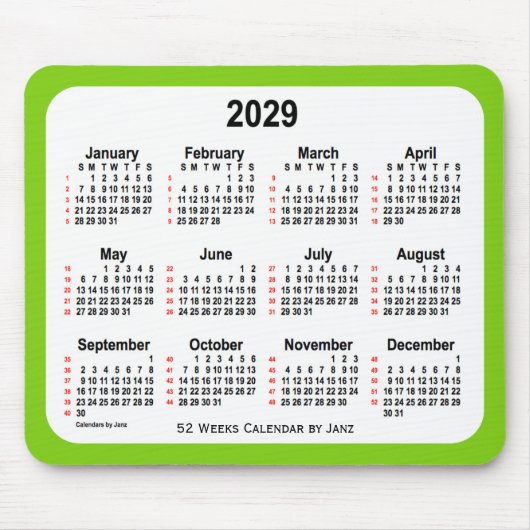 Tapis De Souris 2029 Jaune Vert 52 Semaines Calendrier par Janz (Devant)