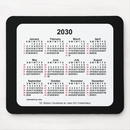 Tapis De Souris 2030 Noir 52 semaines Calendrier ISO par Janz Two  (Devant)