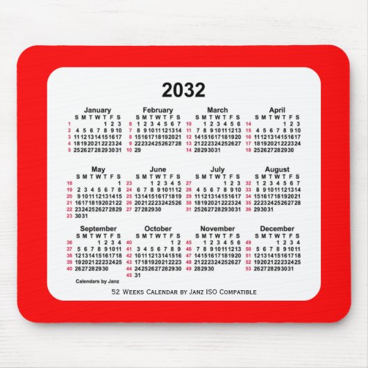 Tapis De Souris 2032 Rouge 52 Semaines ISO Calendrier par Janz Two (Devant)