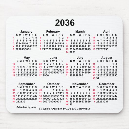Tapis De Souris 2036 White 52 Weeks ISO Calendar by Janz (Devant)