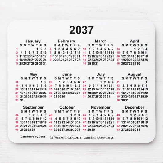 Tapis De Souris 2037 Blanc 52 semaines Calendrier ISO par Janz (Devant)