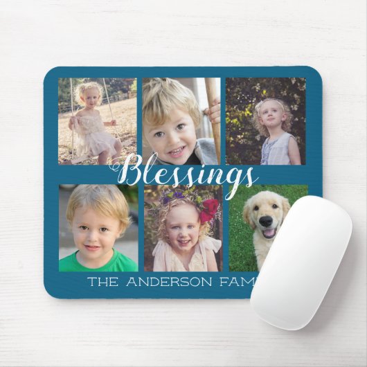 Tapis De Souris 6 Photo Collage Blessings Script Blue (Avec souris)