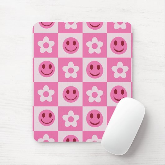 Tapis De Souris à damiers fleurs et visages heureux rose (Avec souris)