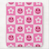 Tapis De Souris à damiers fleurs et visages heureux rose (Devant)