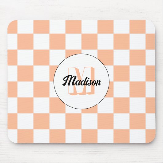 Tapis De Souris à damiers pêche blanc rétro géométrique Monogramme (Devant)
