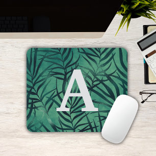 Tapis de souris à monogramme de feuilles tropicale