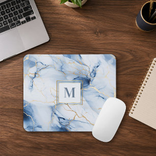 Tapis de souris à monogramme en marbre blanc bleu 