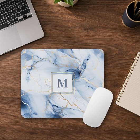 Tapis de souris à monogramme en marbre blanc bleu