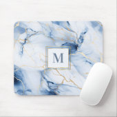 Tapis de souris à monogramme en marbre blanc bleu (Avec souris)