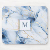 Tapis de souris à monogramme en marbre blanc bleu (Devant)
