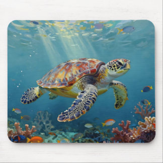 Tapis De Souris A Sea Turtle and Sun Rays in the Ocean Blue