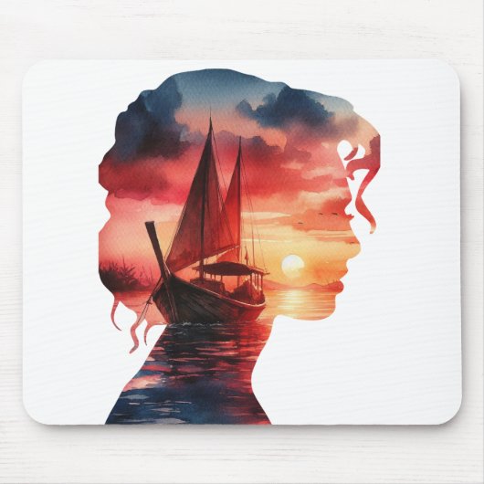 Tapis De Souris a woman's mask enveloping a sailboat at sunset (Devant)