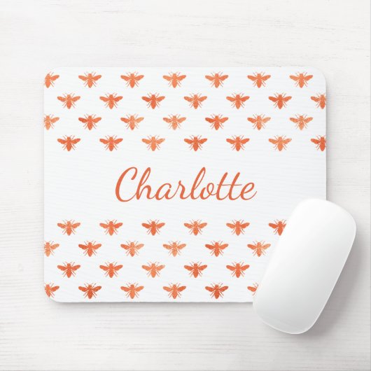 Tapis De Souris Abeilles rose or monogramme nom script blanc (Avec souris)