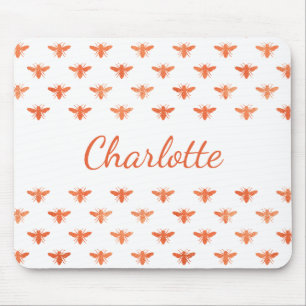 Tapis De Souris Abeilles rose or monogramme nom script blanc
