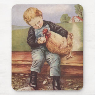 Tapis De Souris Adorable Garçon Vintage et poulet