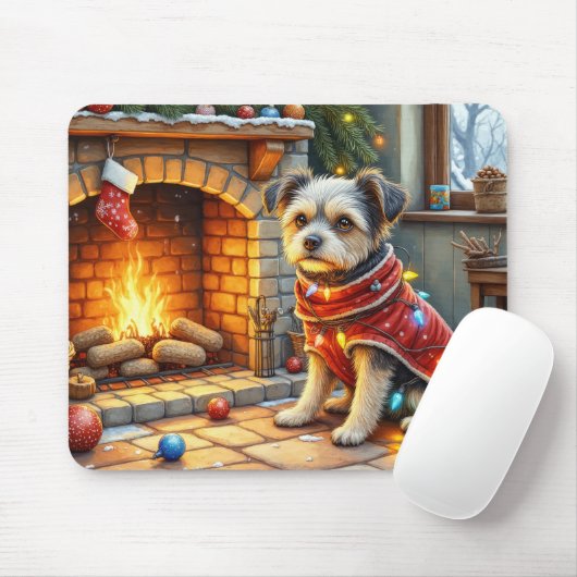 Tapis De Souris Affenpinscher assis devant une cheminée avec des l (Avec souris)