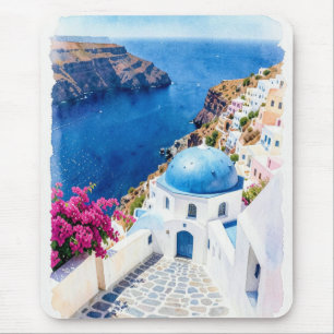 Tapis De Souris Affiche aquarelle du dôme bleu de Santorin