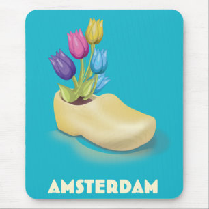 Tapis De Souris Affiche de voyage Amsterdam Cloggs et Tulipes.