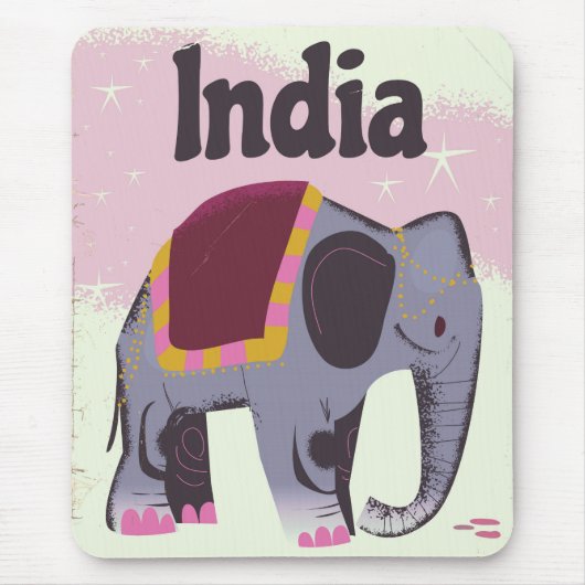 Tapis De Souris Affiche de voyage vintage éléphant indien. (Devant)