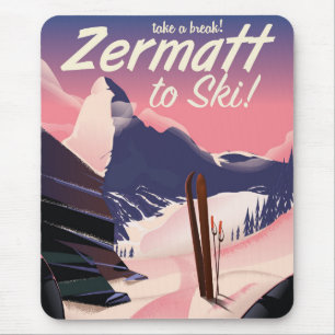 Tapis De Souris Affiche rétro de vacances de ski Zermatt