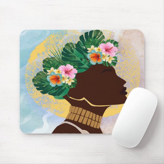 Tapis De Souris Afro-Américaine Femme Florale Couronne (Avec souris)