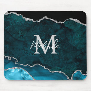 Tapis De Souris Agate Marbre Bleu Canard et Argent