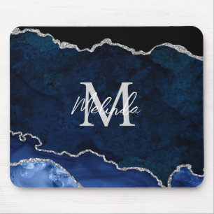 Tapis De Souris Agate Marbre Bleu Nuit et Argent