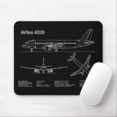 Tapis De Souris Airplane Airbus A320 in Blueprint Drawing PD (Avec souris)