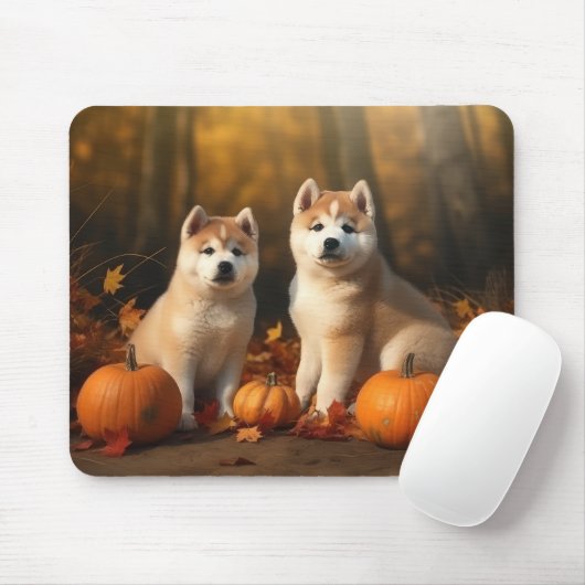Tapis De Souris Akita Puppy Citrouille d'automne (Avec souris)