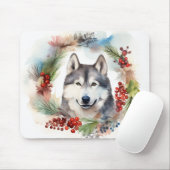 Tapis De Souris Alaskan Malamute Festive de la couronne de Noël (Avec souris)