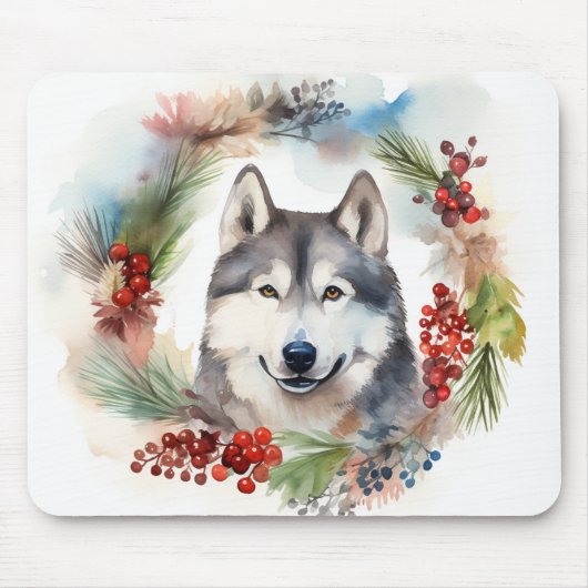 Tapis De Souris Alaskan Malamute Festive de la couronne de Noël (Devant)