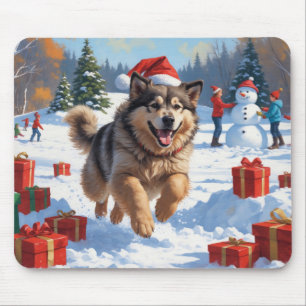 Tapis De Souris Alaskan Malamute Noël Festive Scène de neige