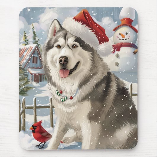 Tapis De Souris Alaskien Malamute Chien hiver Merveilles de Noël (Devant)