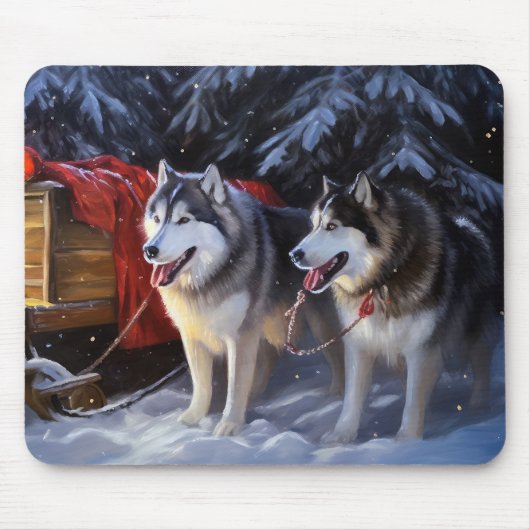 Tapis De Souris Alaskien Malamute Snowy Sleigh Ride Noël (Devant)