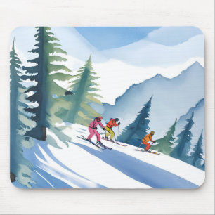 Tapis De Souris Allons Ski Peinture Aquarelle d'Hiver
