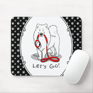 Tapis De Souris Allons-y ! (pour une promenade) Samoyé avec laisse