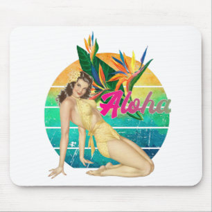 Tapis De Souris Aloha Tropical Pin-up fille retro coucher de solei
