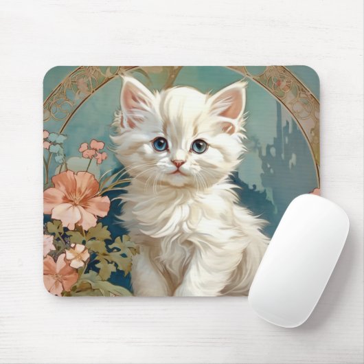 Tapis De Souris Alphonse Mucha Style Chat blanc (Avec souris)
