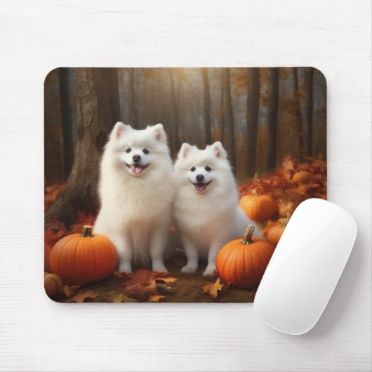Tapis De Souris American Eskimo Chiot Automne Citrouille délice (Avec souris)
