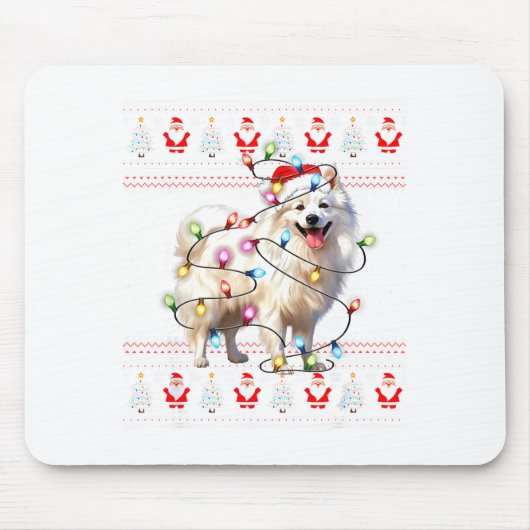 Tapis De Souris American Eskimo Dog Xmas Lights Ugly Sweater Chris (Devant)