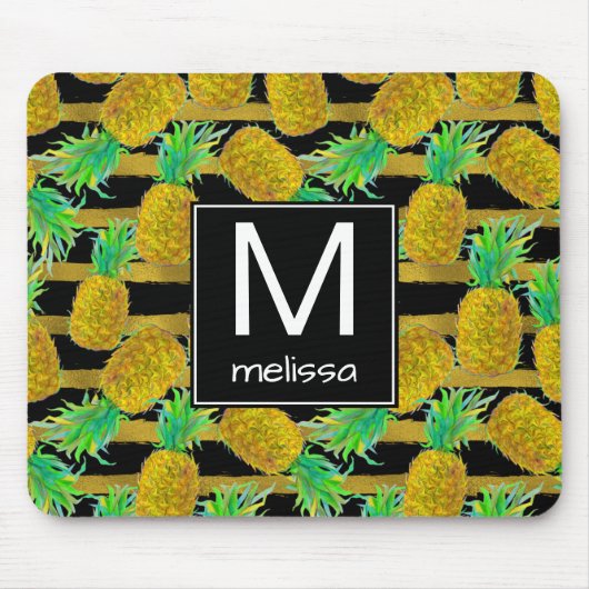Tapis De Souris Ananas d'or sur le monogramme des rayures | (Devant)