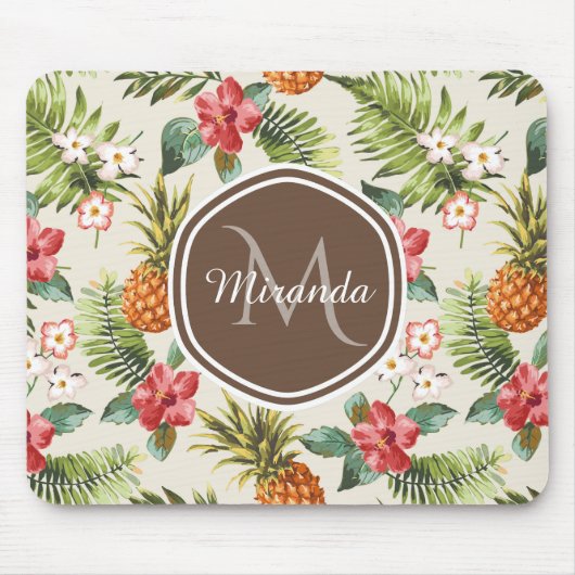 Tapis De Souris Ananas tropicale exotique Floral Monogramme Brown (Devant)