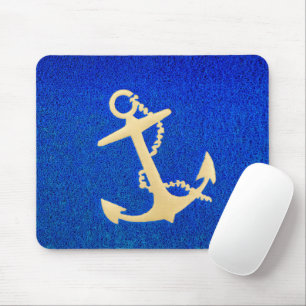 Tapis De Souris Ancre de bateau dorée sur fond bleu